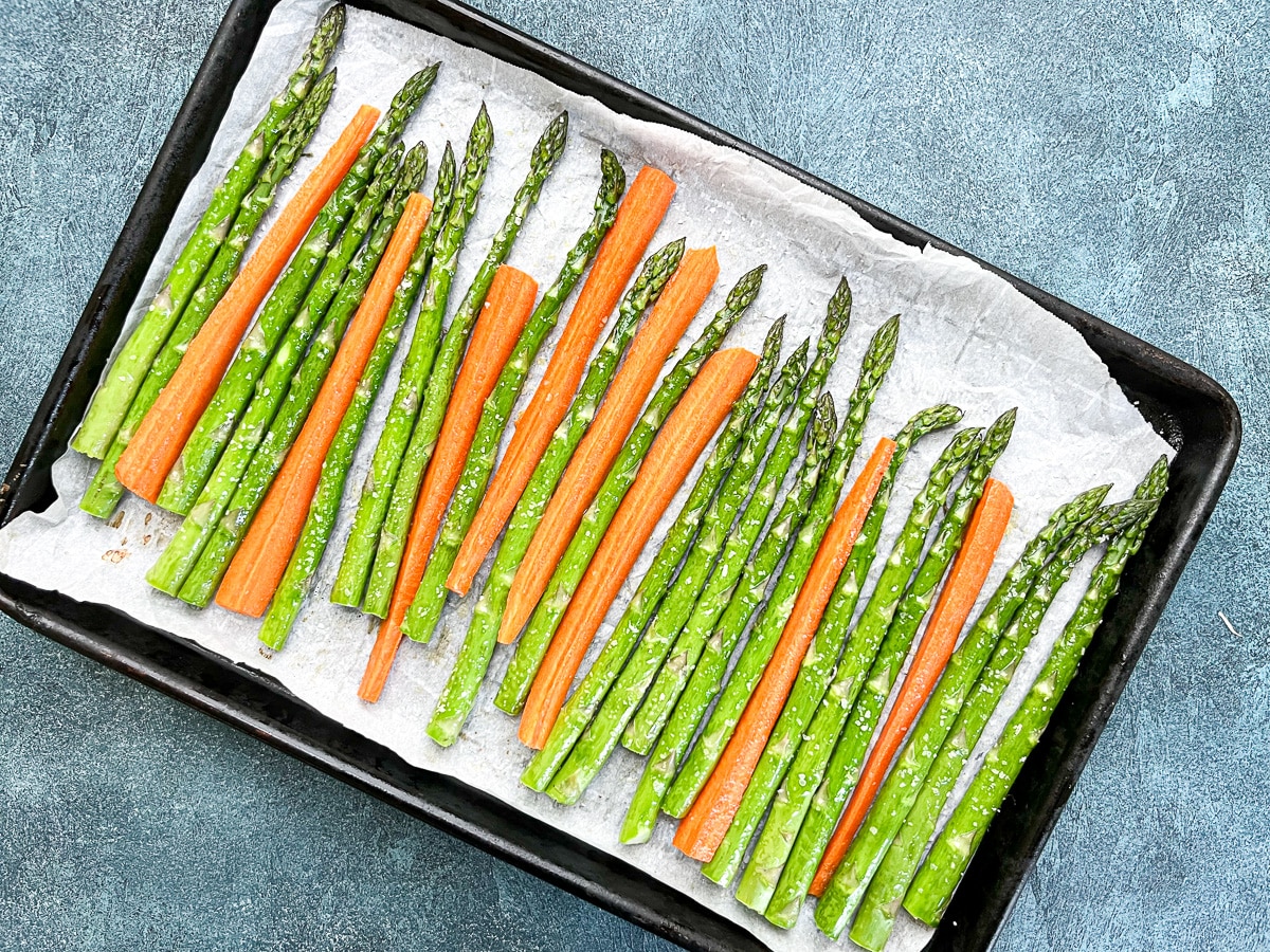 asparagus and carrots on baking sheet and out of oven.