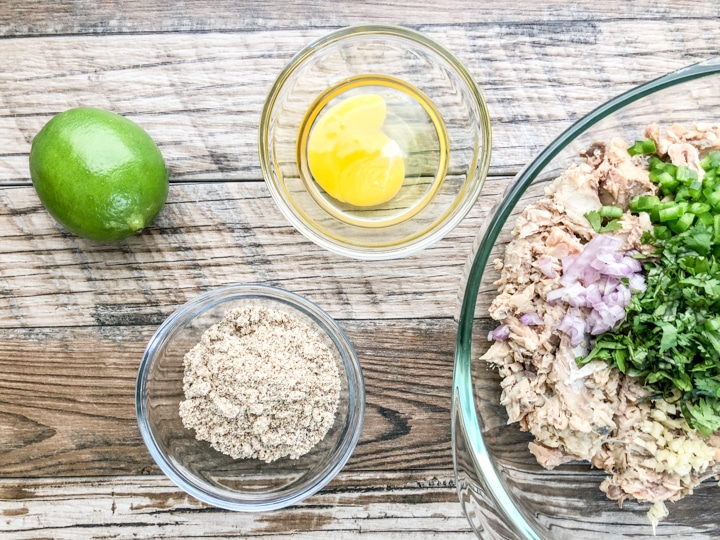 ingredients for easy whole30 salmon cakes in bowls