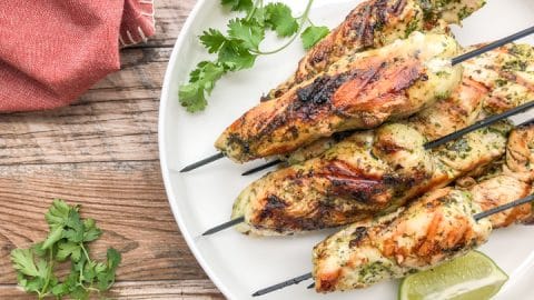 grilled chicken skewers served on a white plate