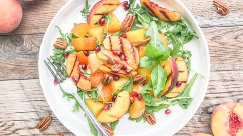 vegan roasted beet salad with grilled peaches and arugula