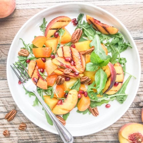vegan roasted beet salad with grilled peaches and arugula