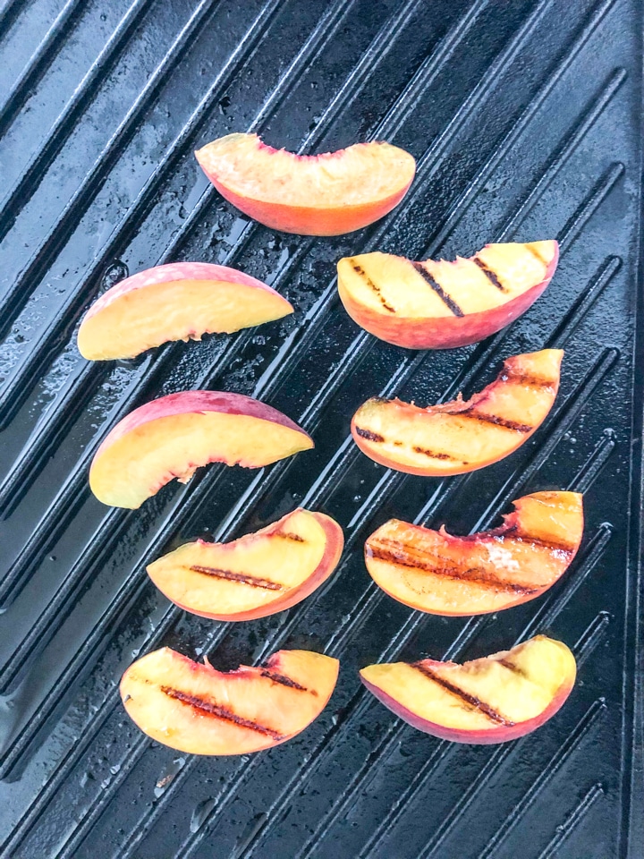 grilling peaches for vegan roasted beet salad with grilled peaches