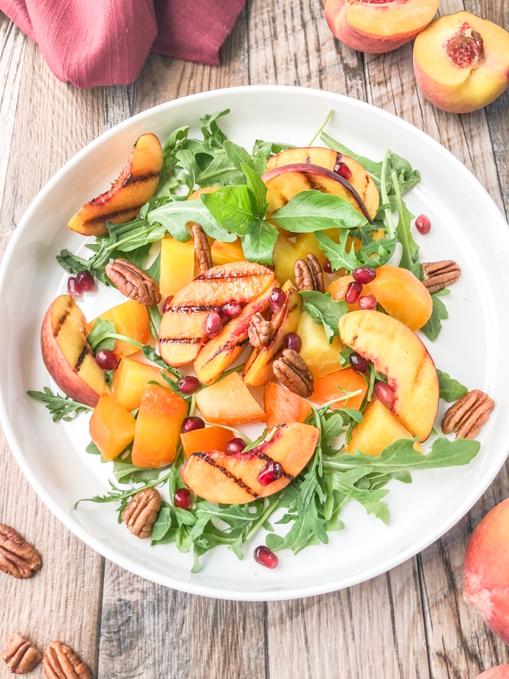 vegan roasted beet salad with grilled peaches frontal view