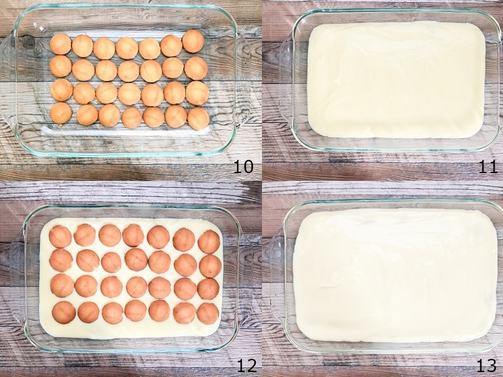 step by step photo instructions on laying the vanilla pudding with vanilla wafers