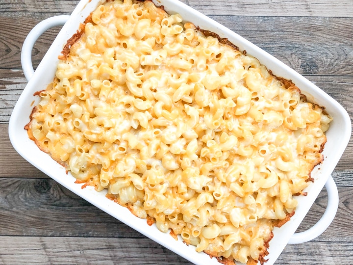creamy baked mac and cheese in rectangular white casserole dish