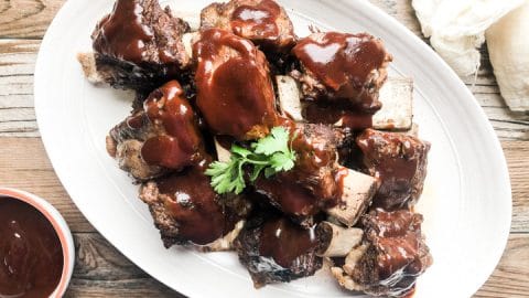 instant pot bbq beef short ribs on white serving platter