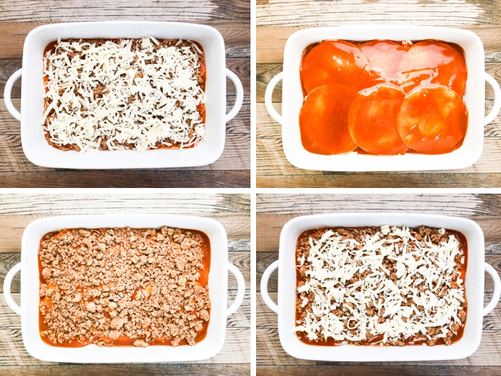 step by step illustration on laying an enchilada casserole steps 5-8