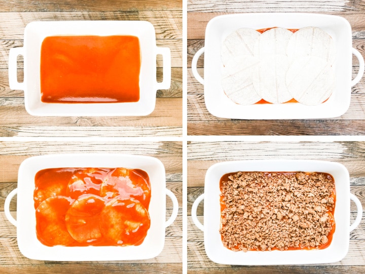 step by step on layering enchilada casserole steps 1-4