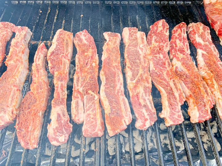 raw flanken ribs on outdoor grill