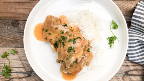 turkey wings smothered in gravy over white rice with fork