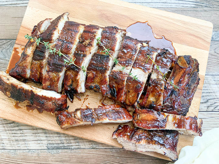 overhead image of cut teriyaki pork ribs