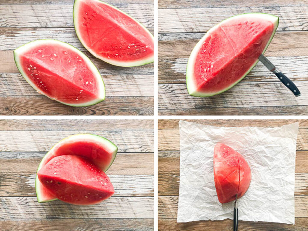 Step by steps photos on how to cut watermelon (steps 1-4)