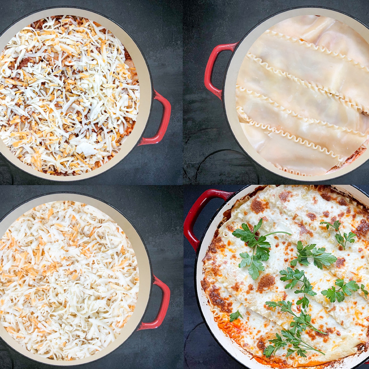 step by step photo of dutch oven lazy lasagna steps 5-8