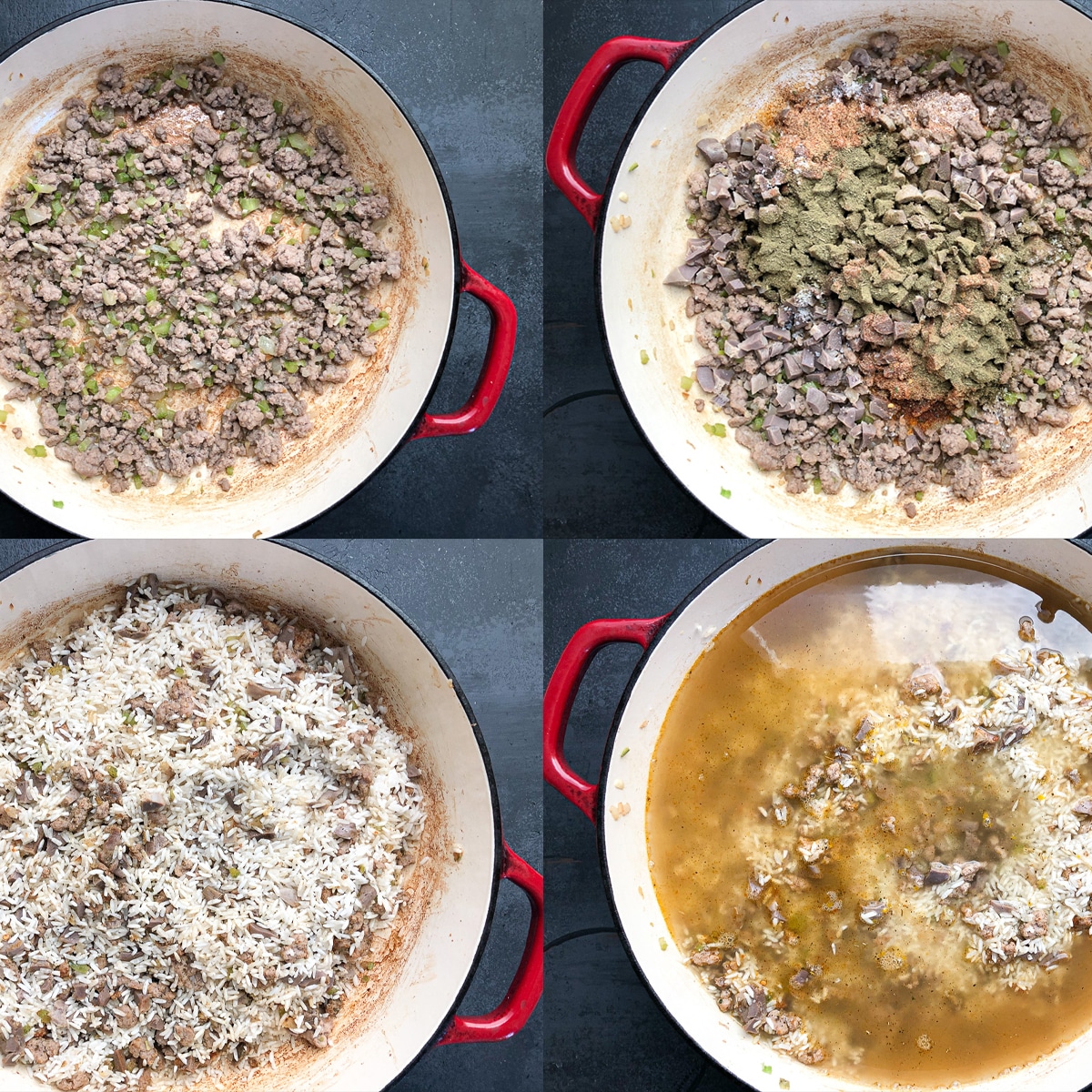 step by step photo of rice dressing steps 1-4.