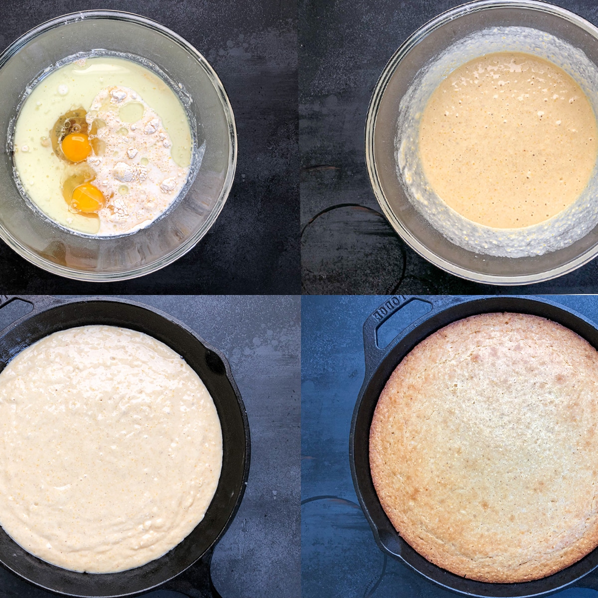 photo collage of steps 1-4 to making cake cornbread.