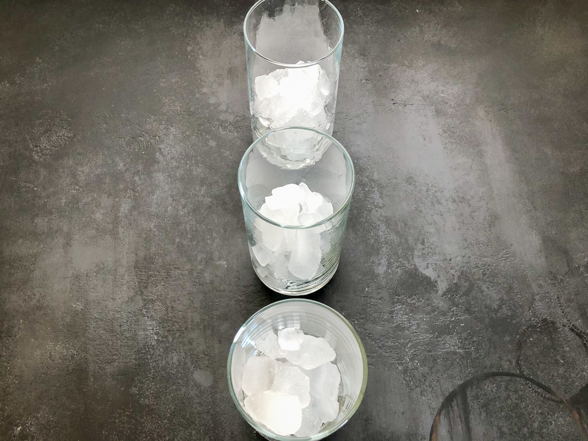drinking glasses with crushed ice.