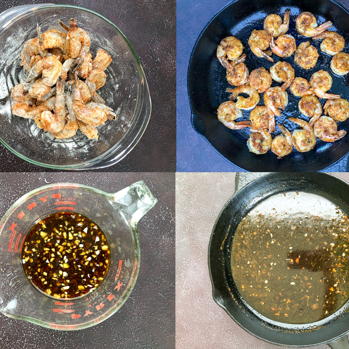 photo collage of steps 1-4 for making teriyaki shrimp.
