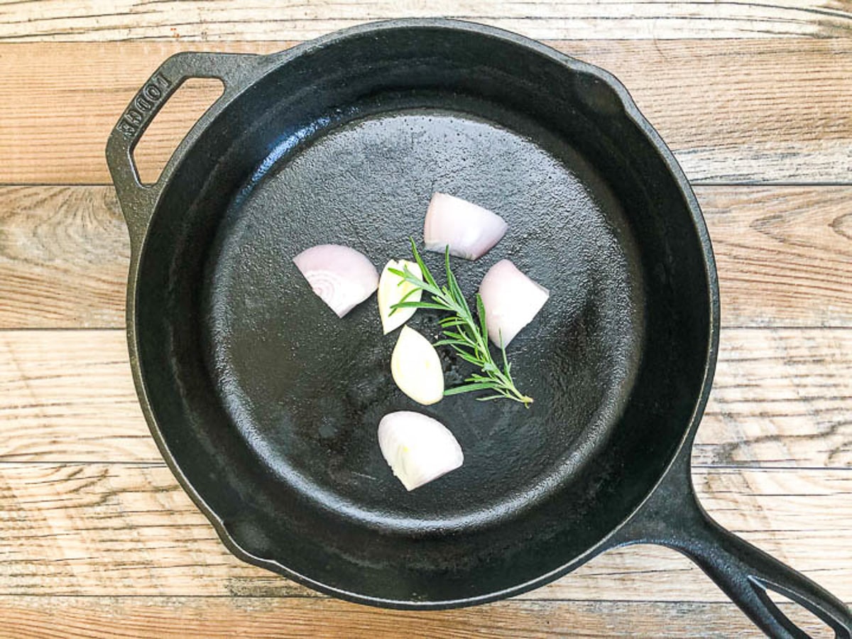 shallots and garlic in cast iron skillet.