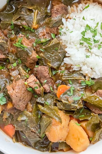 Overhead view of Southern beef stew served in a bowl with a scoop of white rice, featuring tender chunks of beef and vegetables in a rich, dark brown broth.